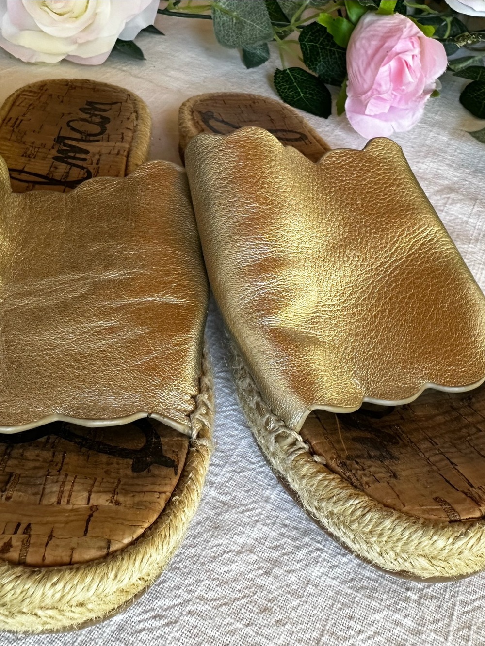 Sam Edelman Metallic Gold Scalloped Espadrille Slide